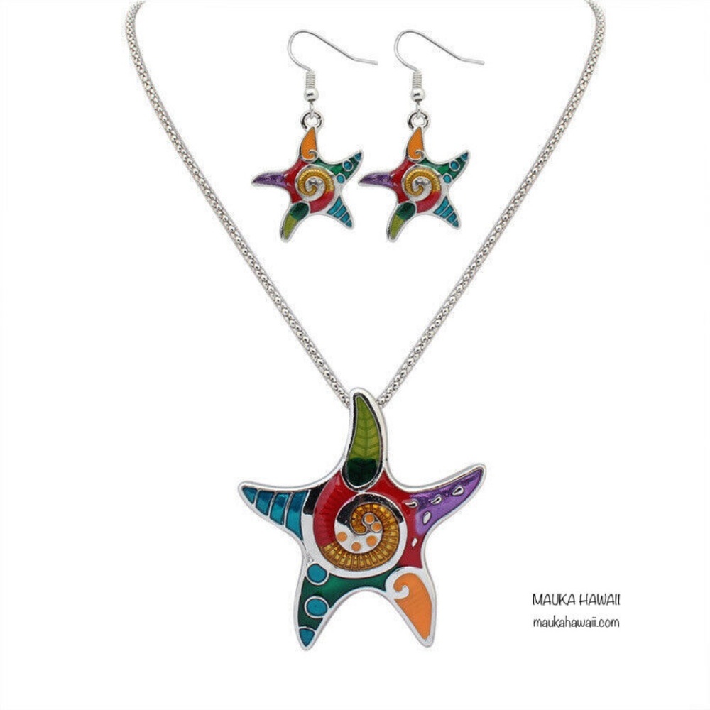 Silver Stainless Colorful Enamel Oil Drip Starfish Necklace & Earring Set